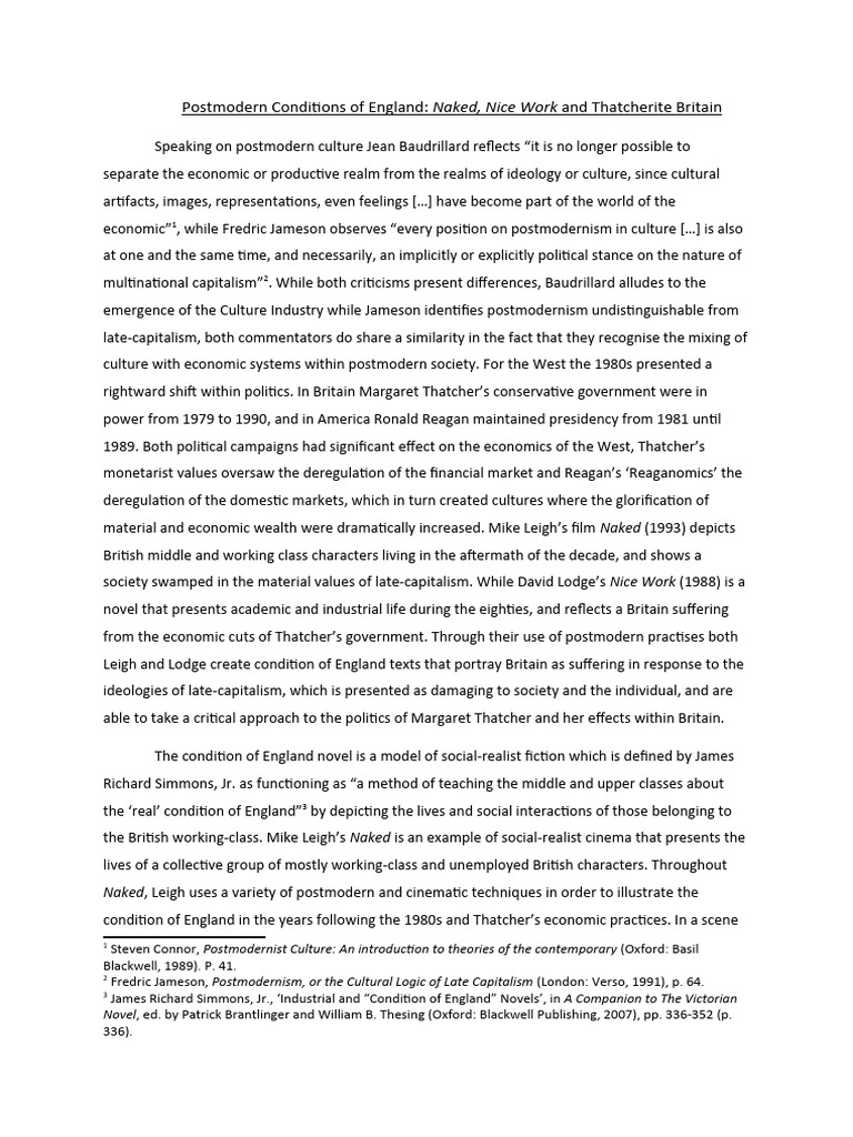 Postmodern Conditions of England Naked, Nice Work and Thatcherite Britain PDF Postmodernism