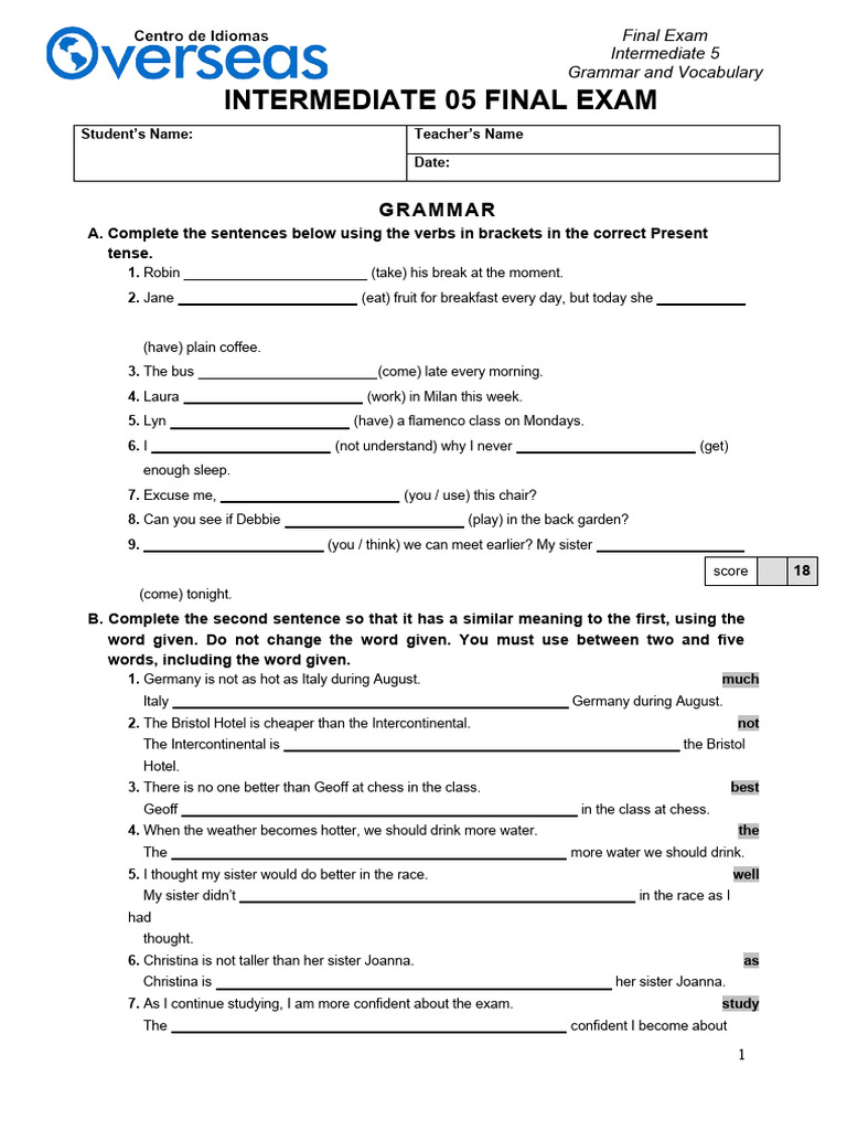 Intermediate 5 Grammar Exam Guide | PDF