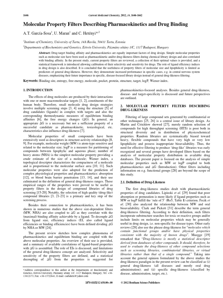 Molecular Property Filters Describing and Drug Binding