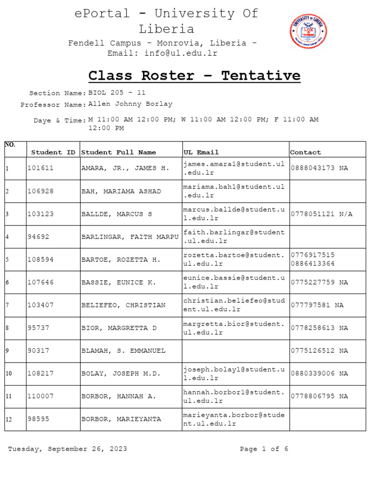 BIOL 205 Class Roster - University of Liberia | PDF