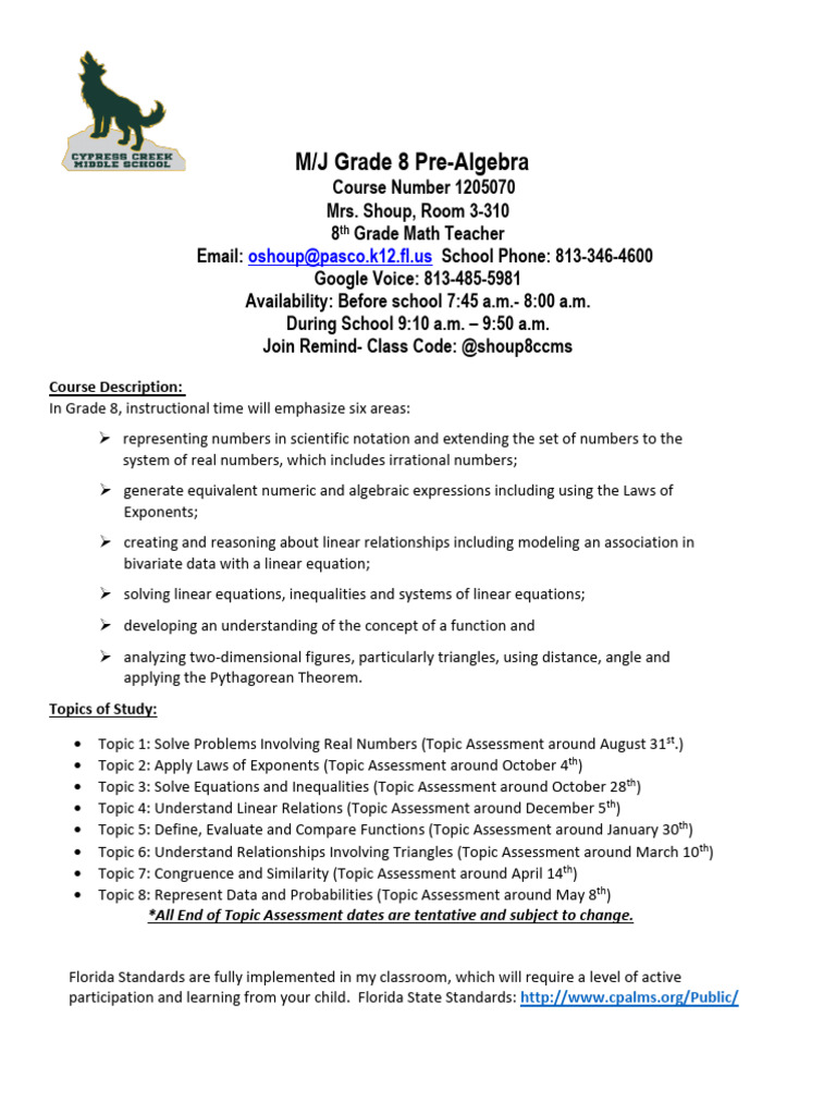 8th Grade Pre-Algebra Course Outline | PDF | Equations | Teachers