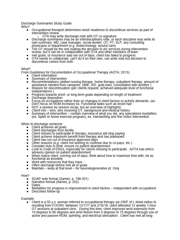 Occupational Therapy Discharge Summary Guide | PDF | Occupational ...