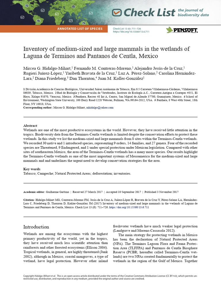 Inventory of Medium-sized and Large Mammals in The | PDF