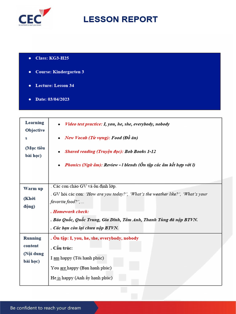 03.04.2023 - Lesson Report - KG3-H25 | PDF