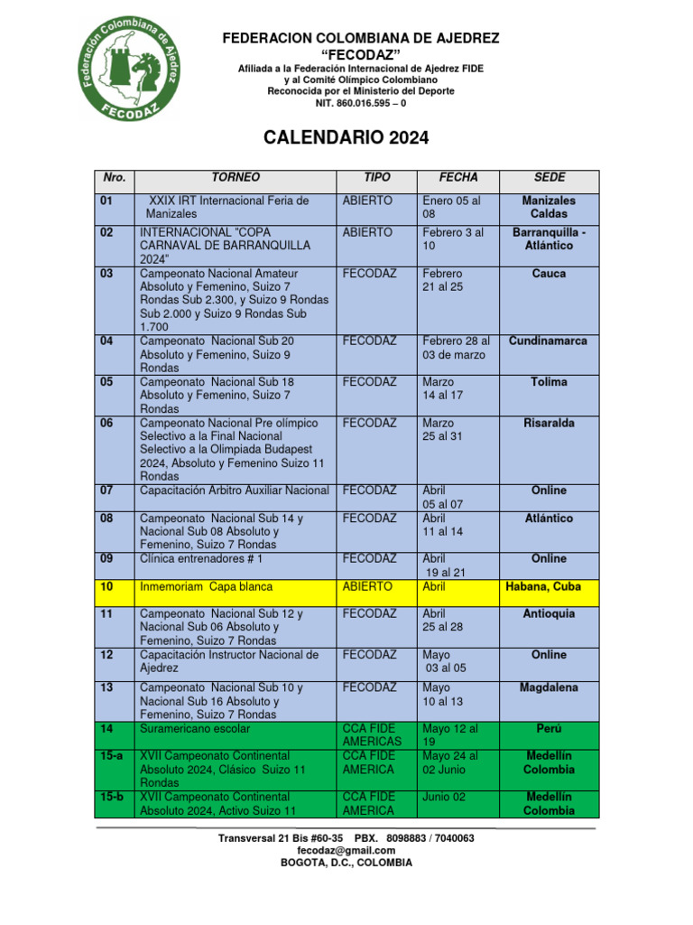 Calendario 2024 Def PDF Colombia Ajedrez
