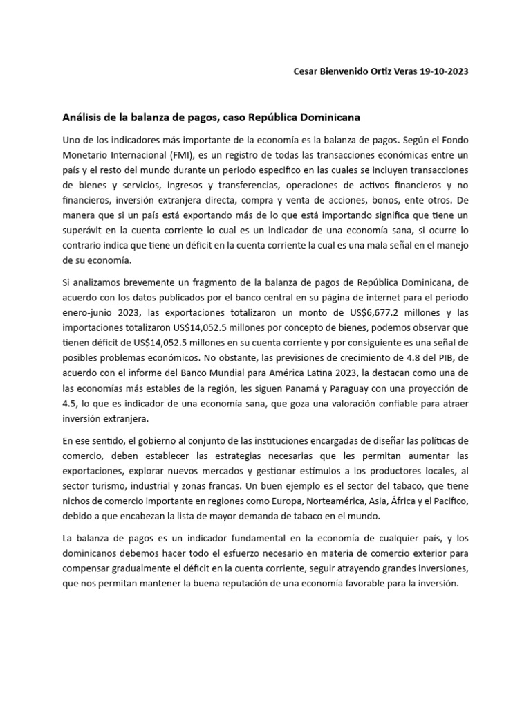 Análisis de la Balanza de Pagos RD 2023 | PDF | Balance de pagos ...