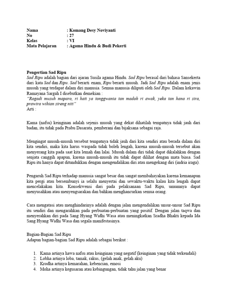 Memahami Sad Ripu dalam Agama Hindu | PDF