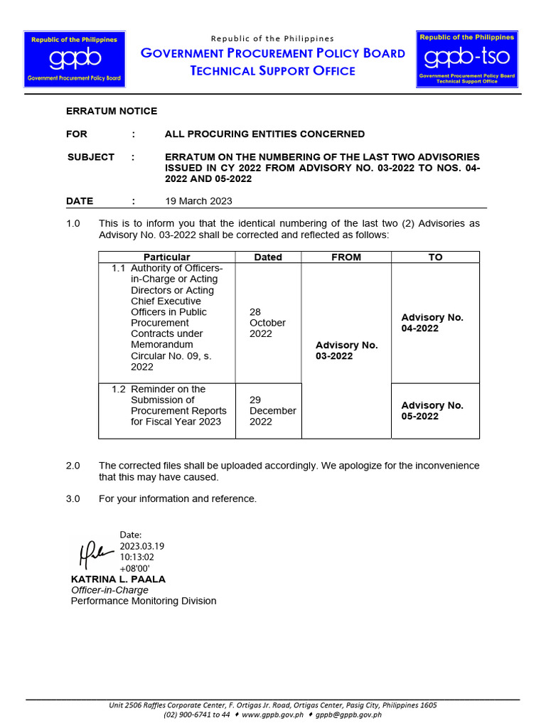 Erratum on Procurement Advisory Numbers | PDF | Business