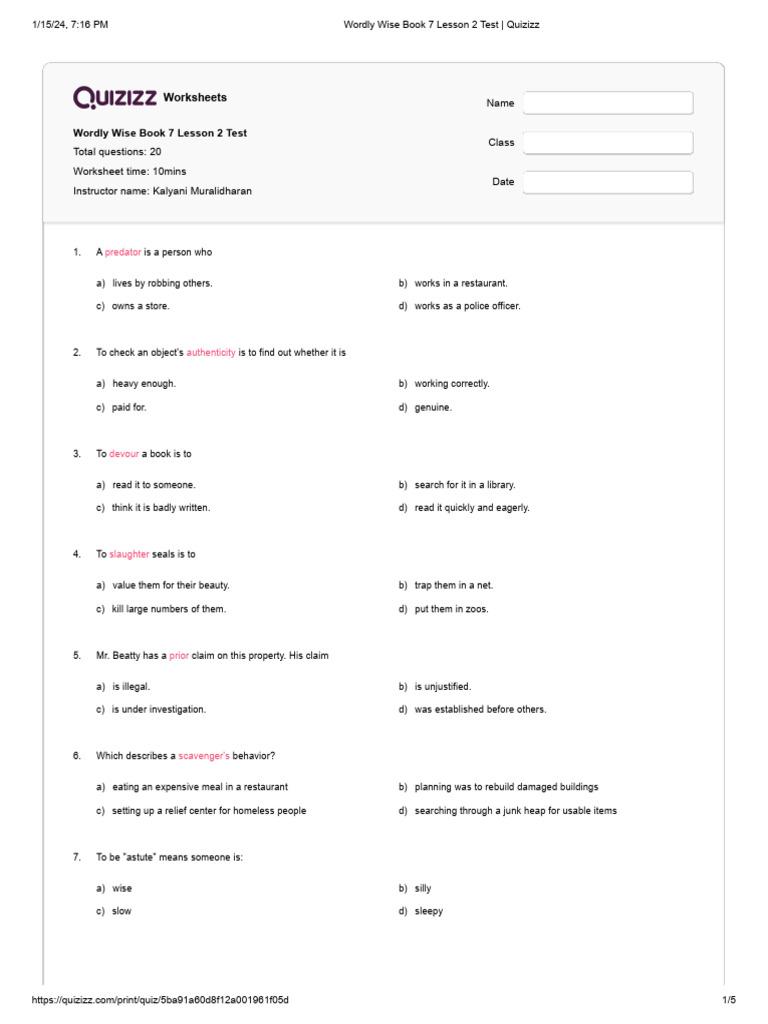 Wordly Wise 7 Lesson 2 Test Answers | PDF