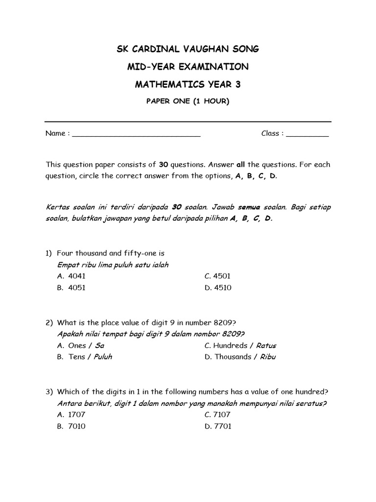Mid Term Mathematics Year 3 | PDF