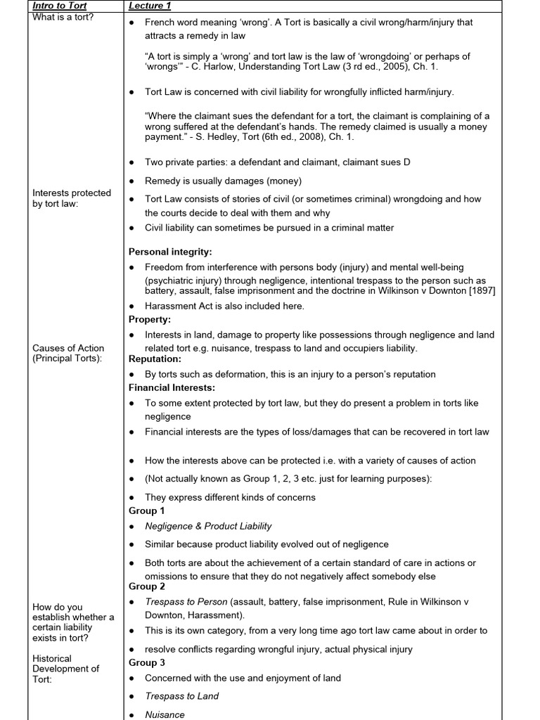 Tort Lecture Notes Pdf Tort Negligence