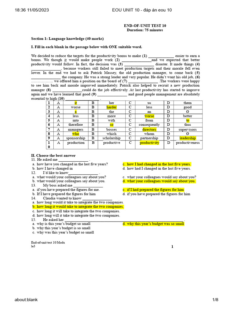 Eou Unit 10 - Đáp Án Eou 10 | PDF