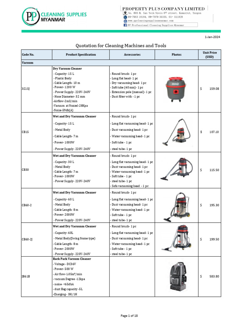 Updated Quotation For Cleaning Machines and Tools - Sept 2023 | PDF ...
