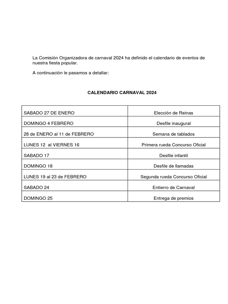 Calendario Carnaval 2025 PDF
