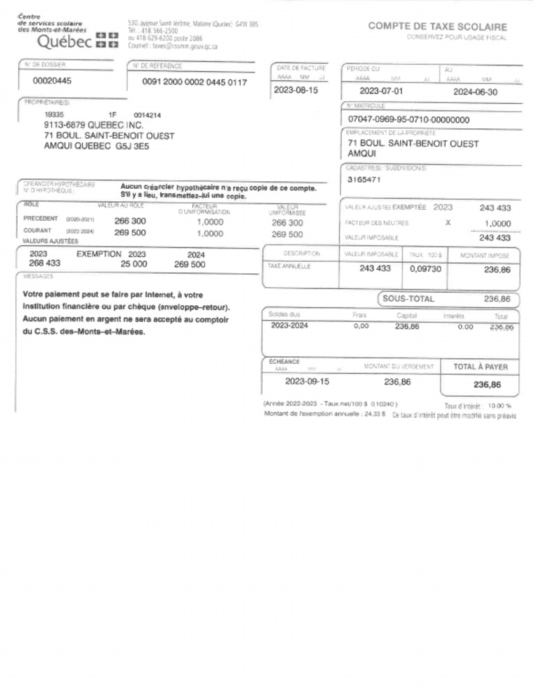 71 Boul ST Benoit O Facture Taxes Scolaires 7 NoCentris 26282268 PDF