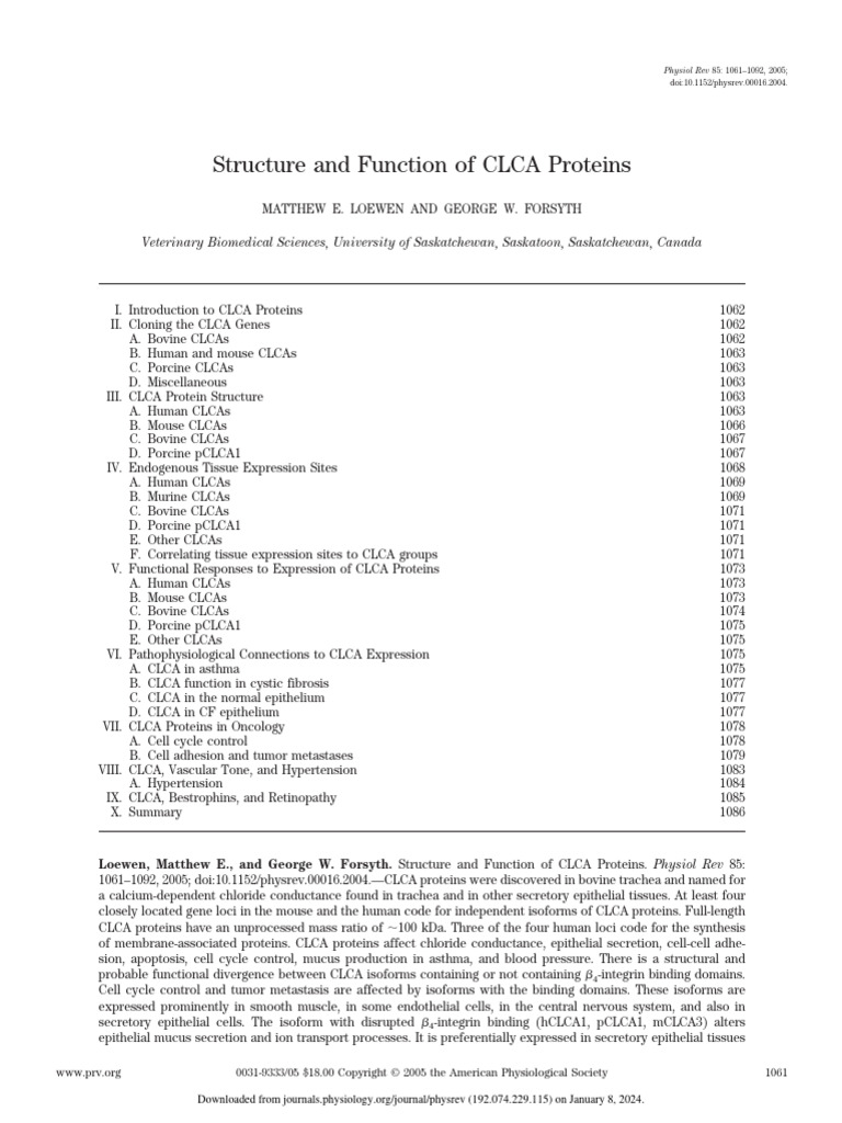 Loewen Forsyth 2005 Structure and Function of Clca Proteins | PDF ...
