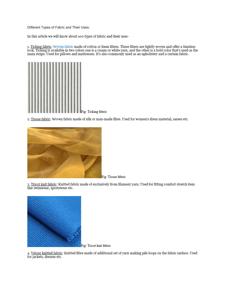 100 Fabric Types and Their Uses | PDF