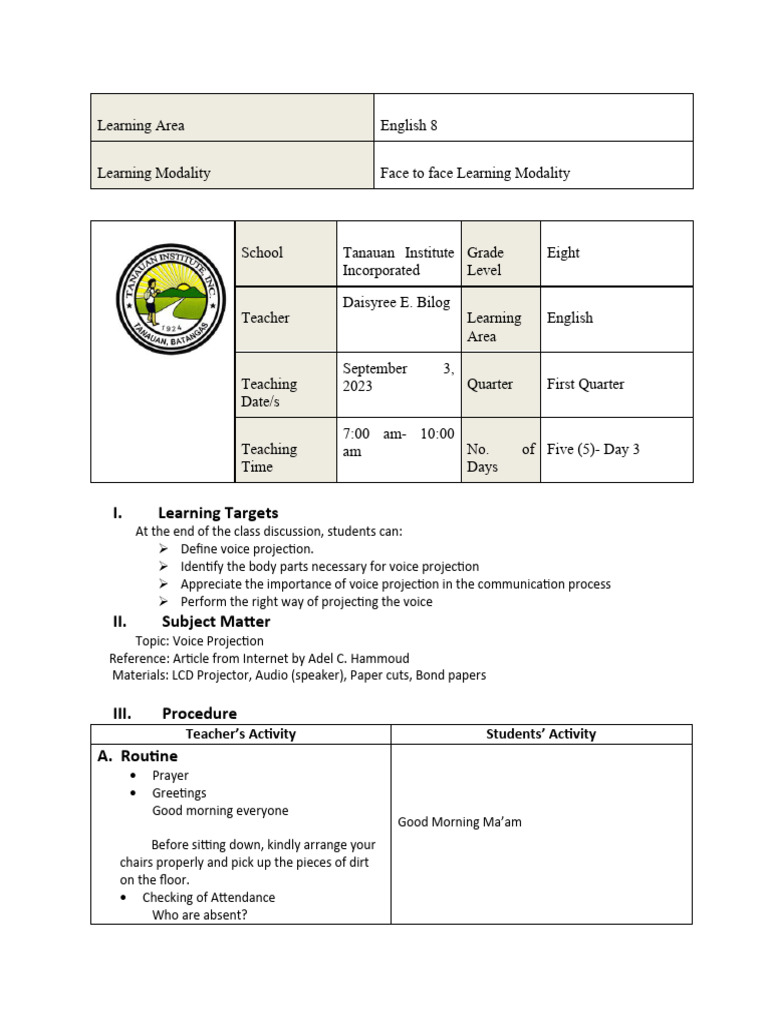 Voice Projection Lesson Plan for Grade 8 | PDF