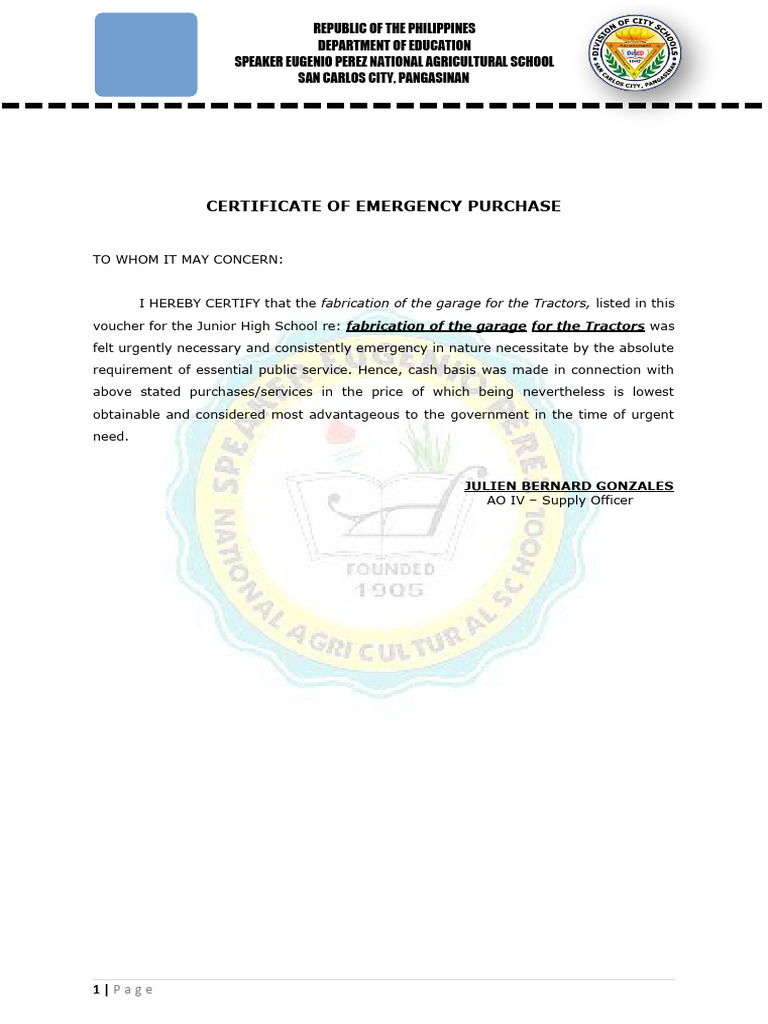 Emergency Purchase Certificate - Philippines | PDF