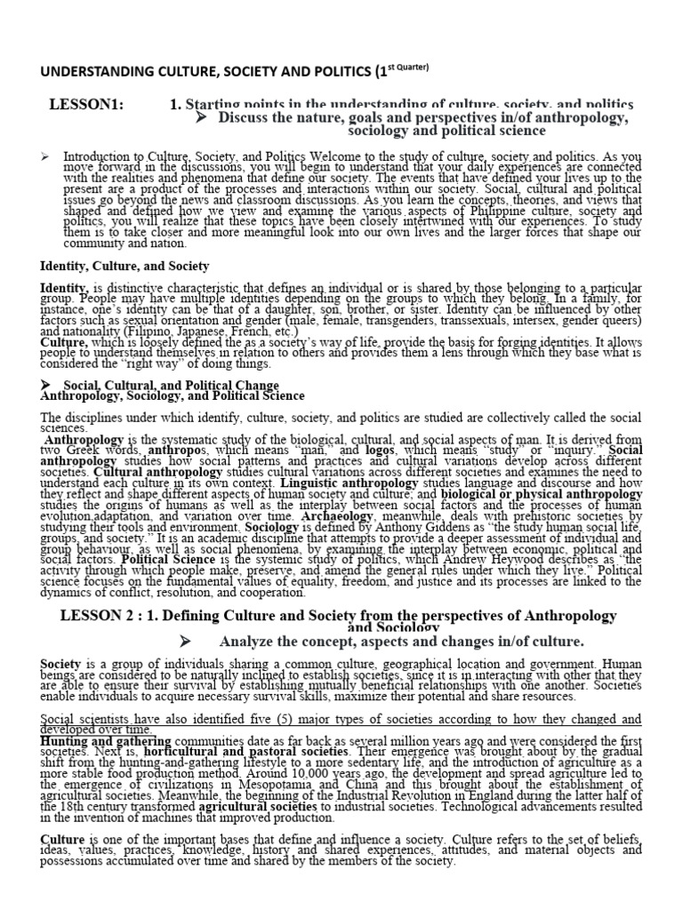 UCSP Notes: Culture, Society, Politics | PDF