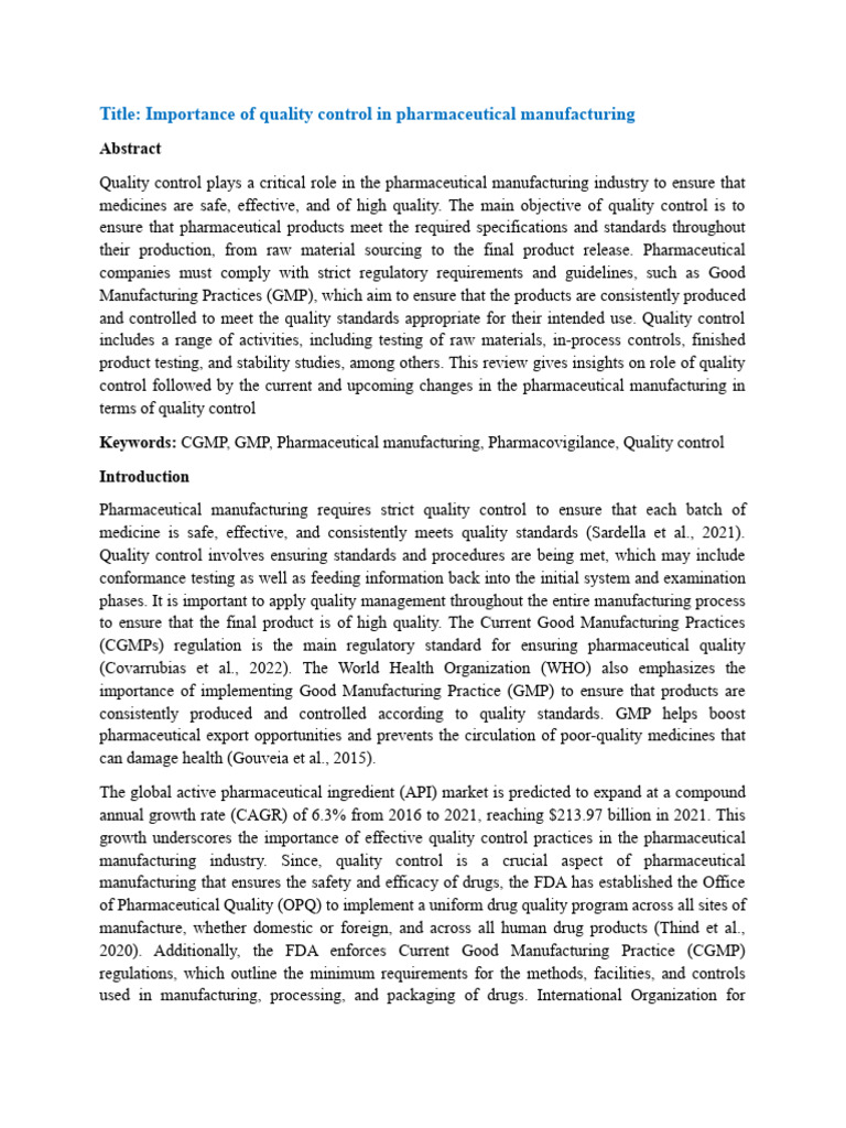 Importance Of Quality Control In Pharmaceutical Manufacturing Pdf