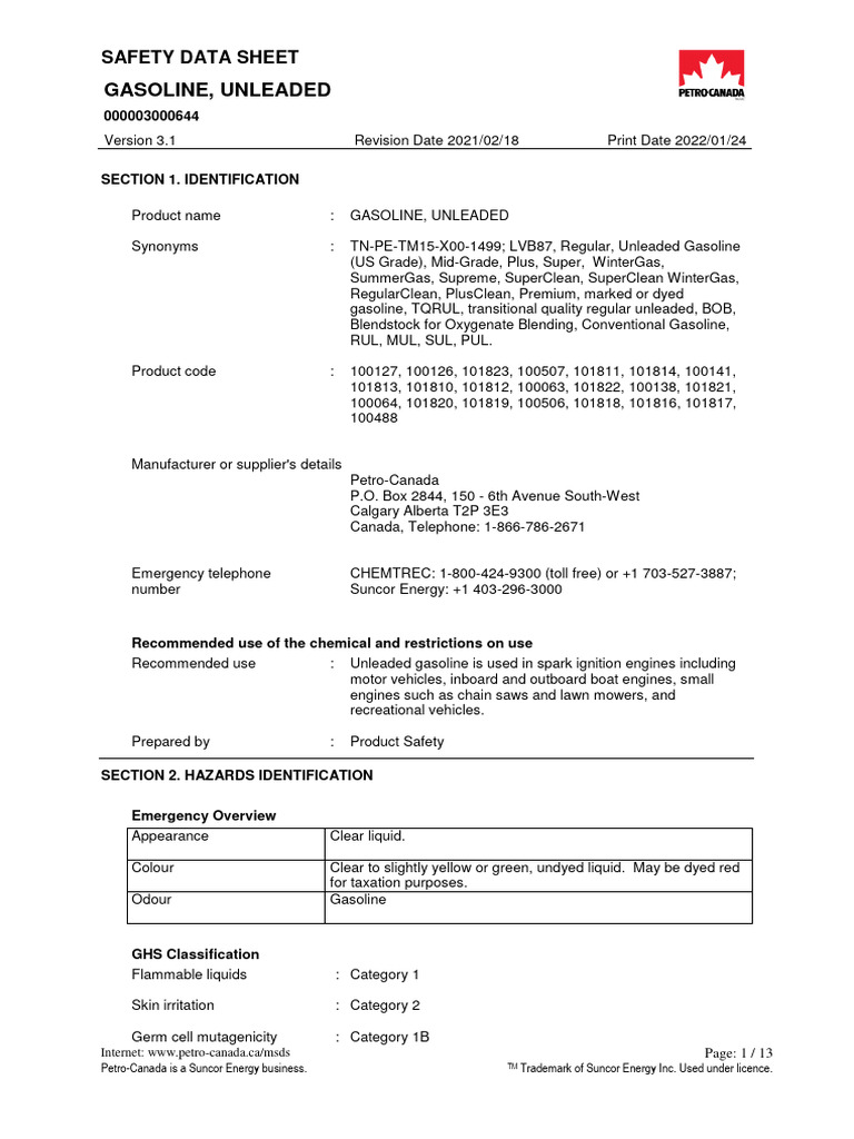 SDS Petro Canada Gasoline Unleaded | PDF