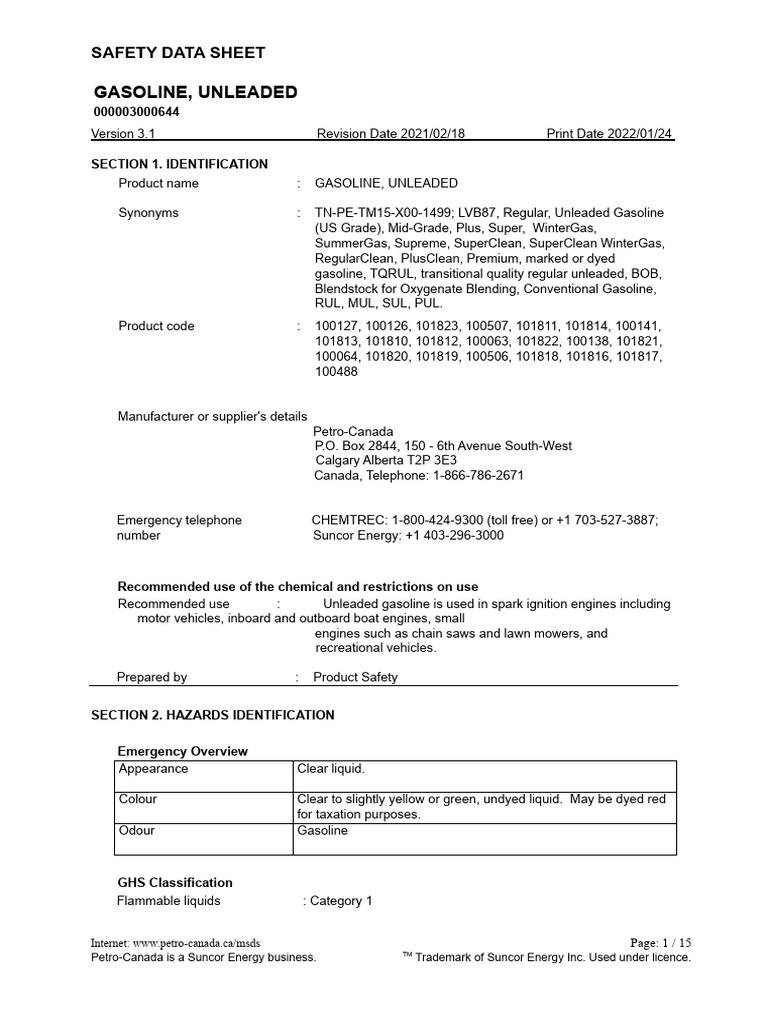 Unleaded Gasoline Safety Data Sheet | PDF | Gasoline | Toxicity