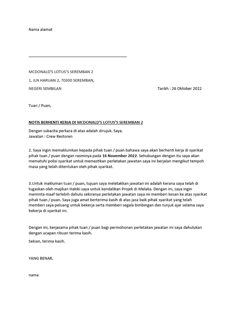 Notis Berhenti Kerja Mcd Pdf