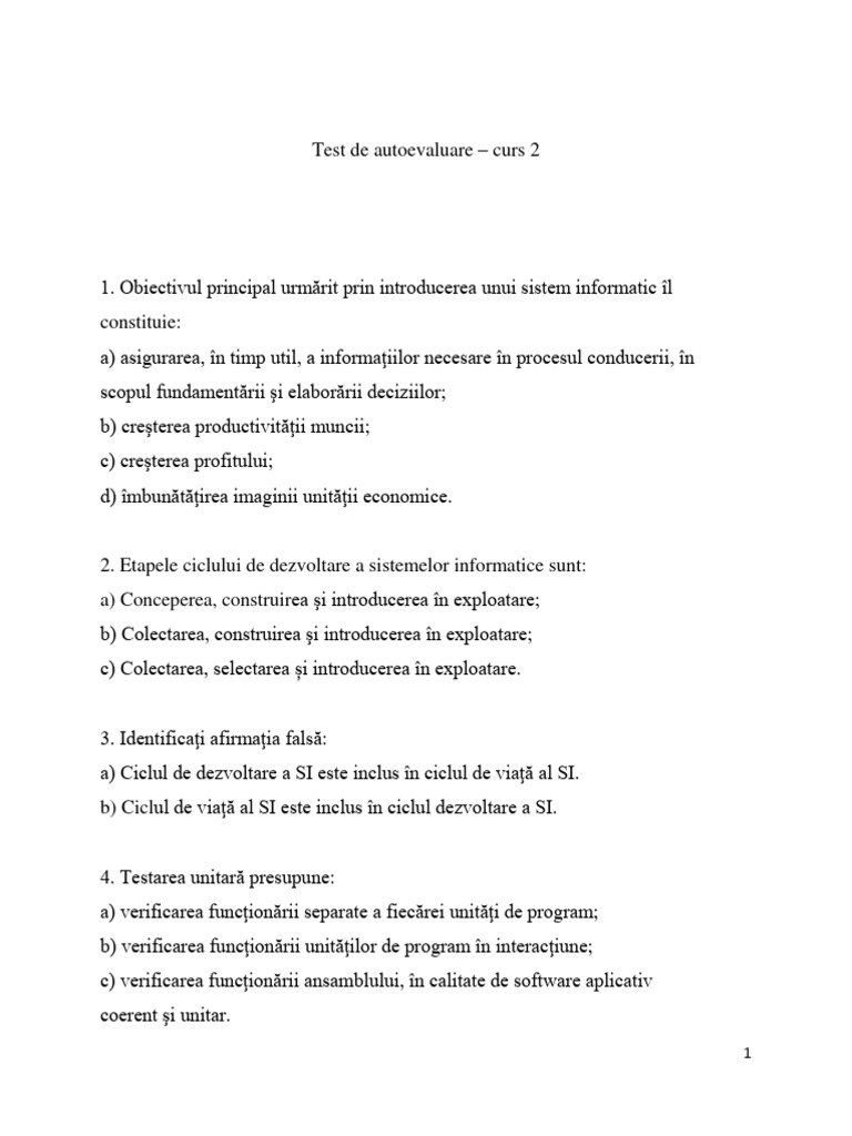 Test de Autoevaluare - Curs 2 | PDF