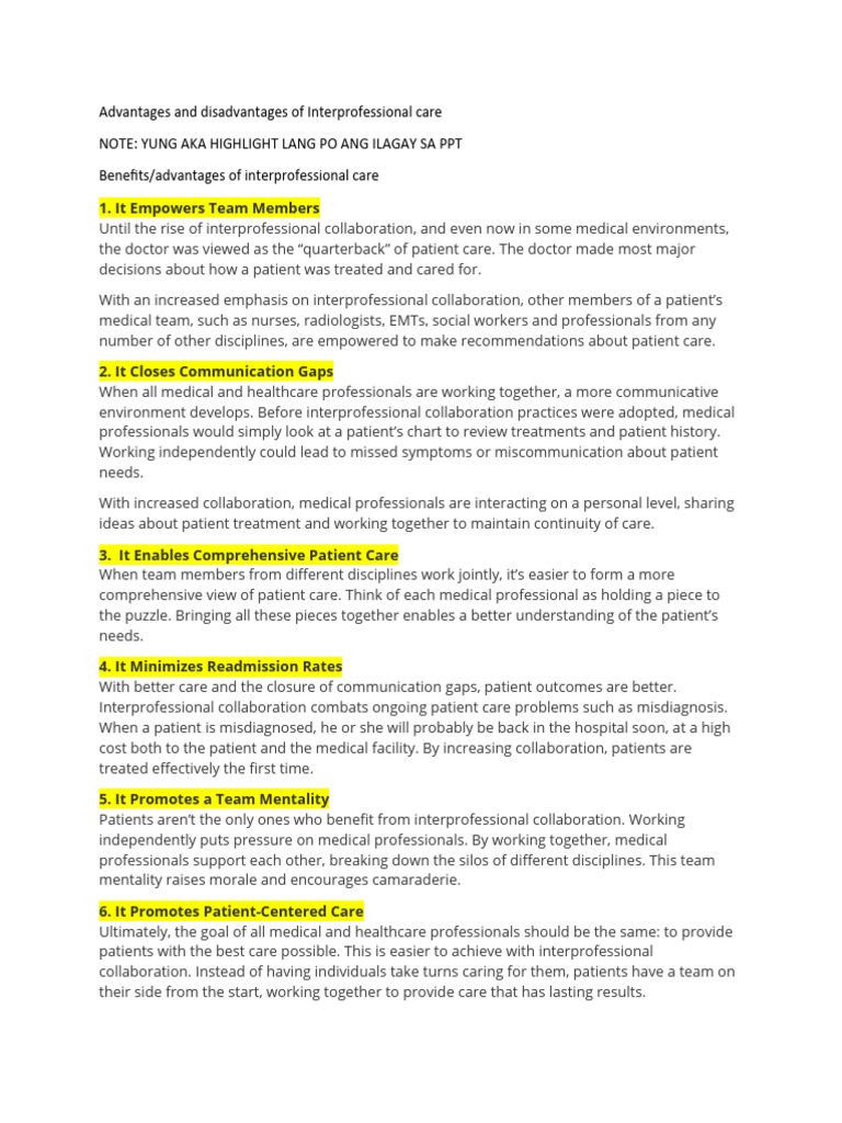 Advantages and Disadvantages of Interprofessional Care | PDF | Self ...
