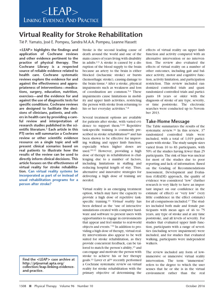 Virtual Reality For Stroke Rehabilitation PDF Stroke Physical Therapy