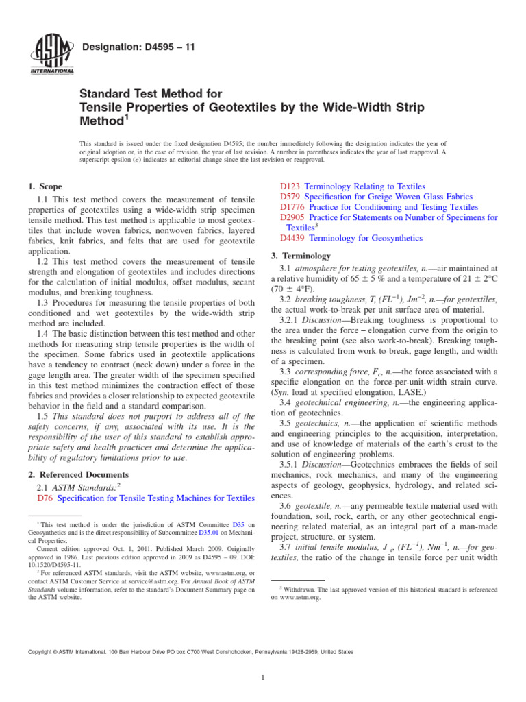Tensile Properties of Geotextiles by The Wide-Width Strip Method | PDF