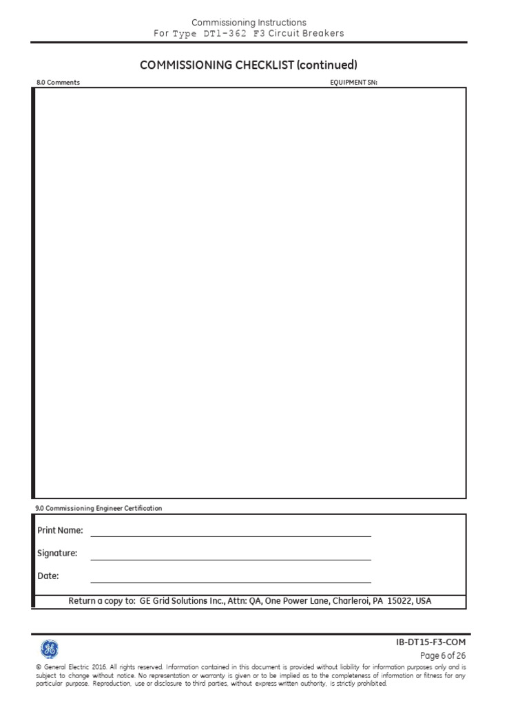 Commissioning Checklist (Continued) Commissioning Instructions For