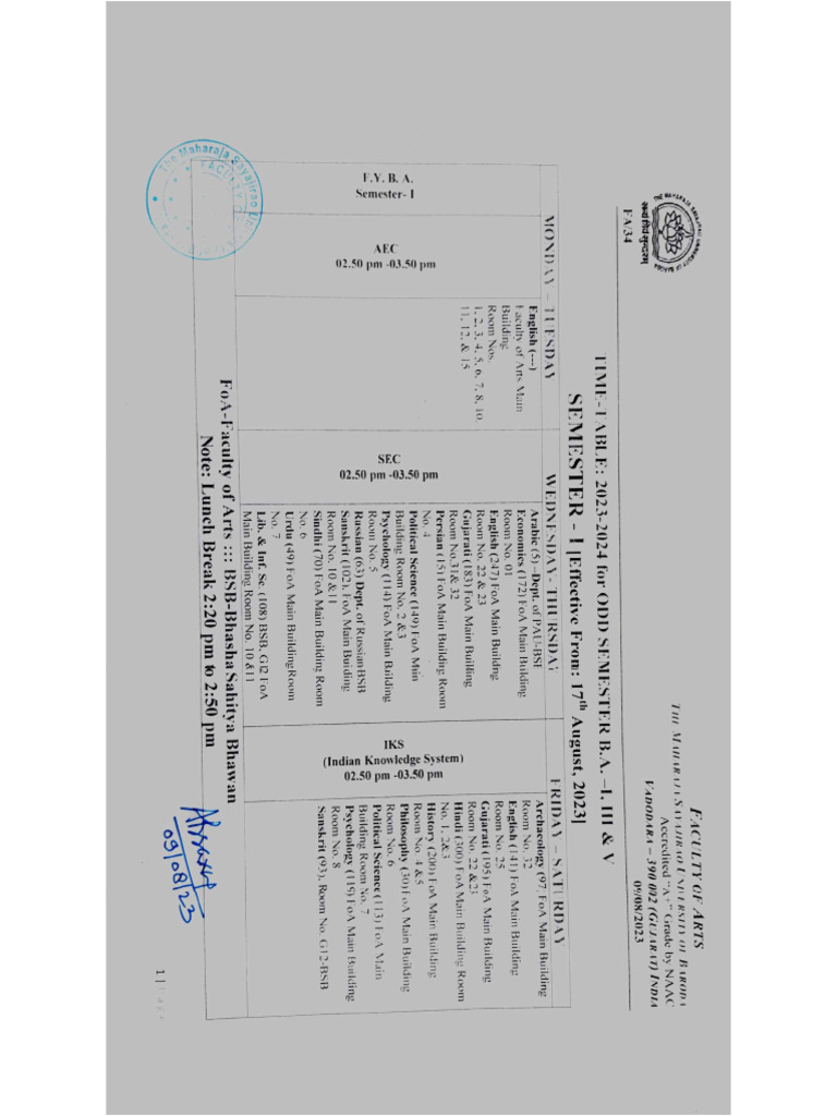 Time table ba sem i 2023 2024 pdf