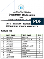 Department of Education: Day 1: Tuesday MARCH 10, 2020 Junior High School Applicants Major: Ict