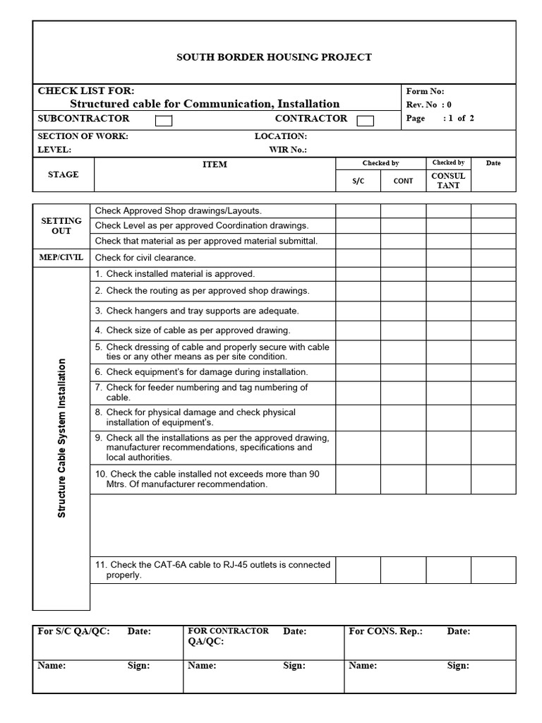 Structured Cabling Installation Checklist | PDF | Technology & Engineering