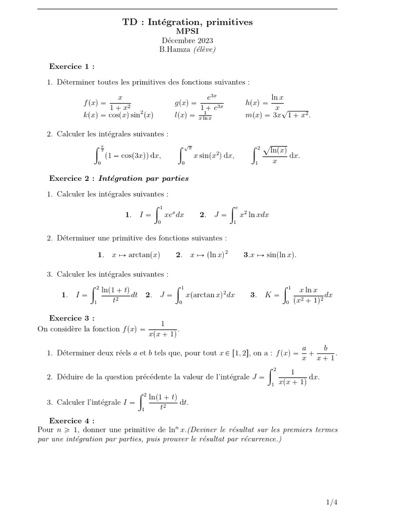 Exercices d'intégration et primitives MPSI | PDF | Concepts ...