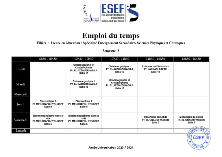 Emploi du temps L3 Éducation Sciences | PDF