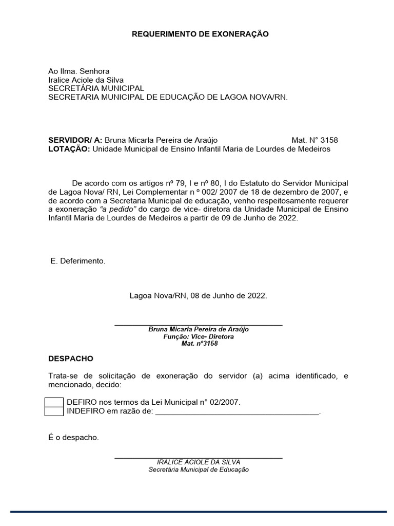 Requerimento de Exoneração de Cargo | PDF