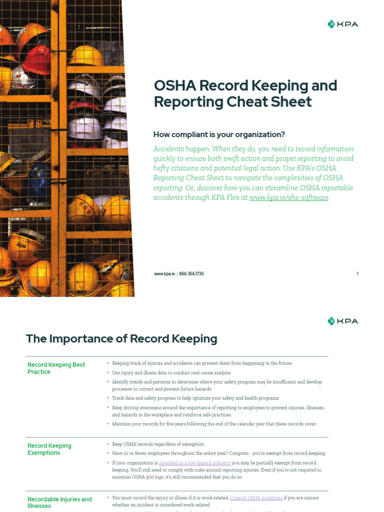KPA OSHA Reporting and Recordkeeping Cheat Sheet PDF Occupational