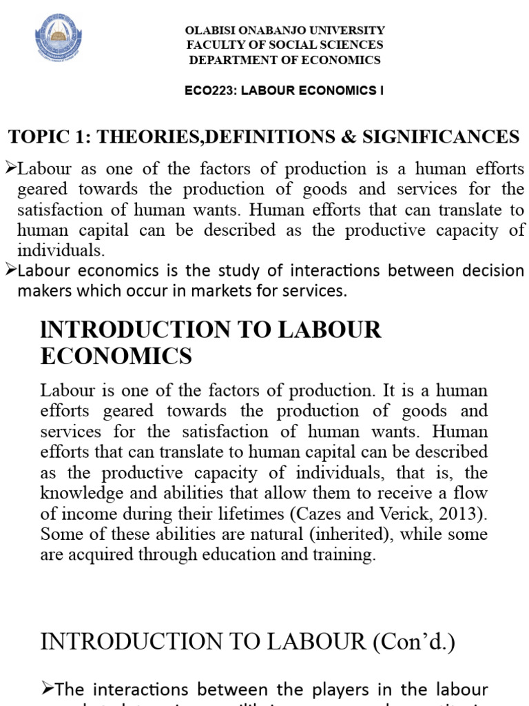 Lecture Notes On Eco223 Labour Economics I Topics Pdf Labour