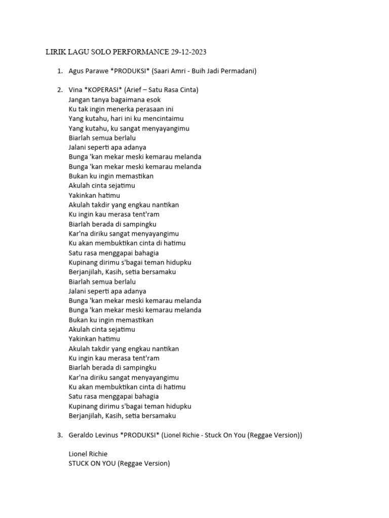 Lirik Lagu Solo Performance 2023 | PDF
