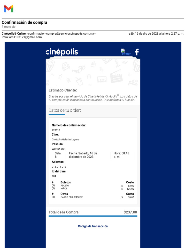 Confirmación de Compra de Boletos Cinépolis | PDF