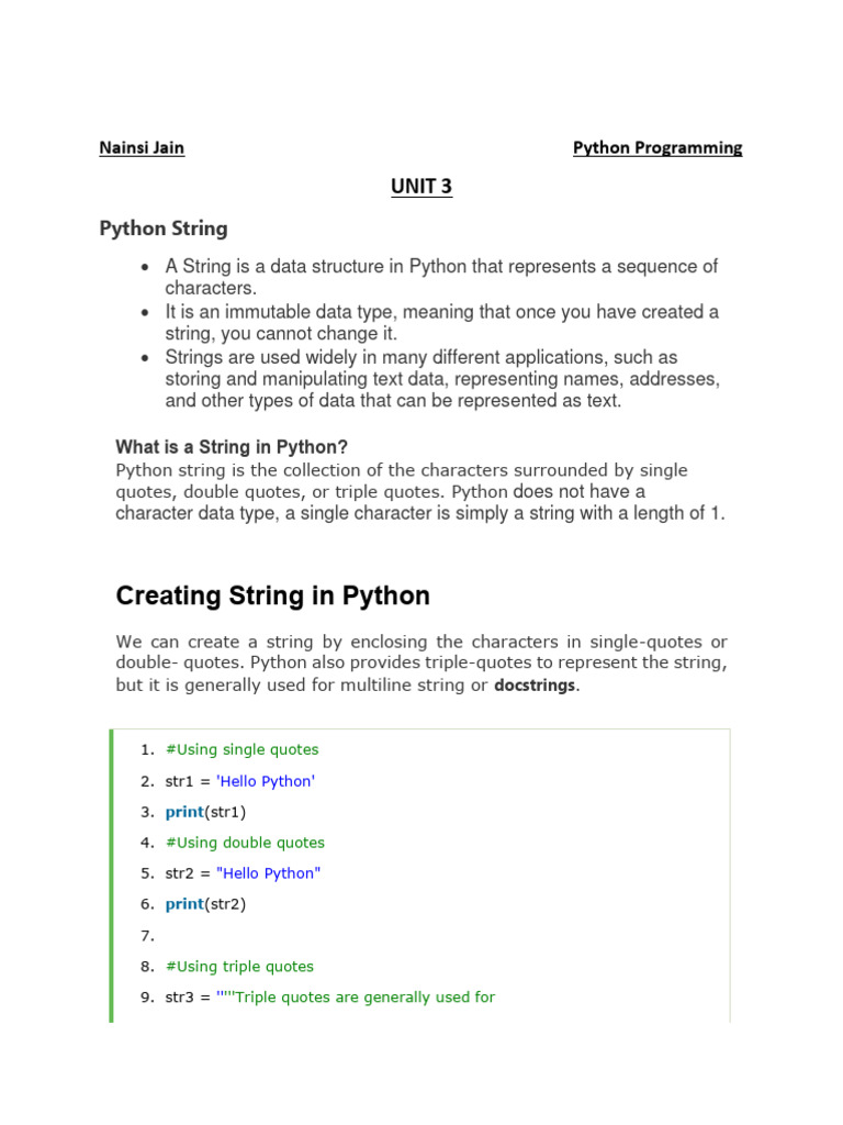 Creating String in Python: Unit 3 | PDF