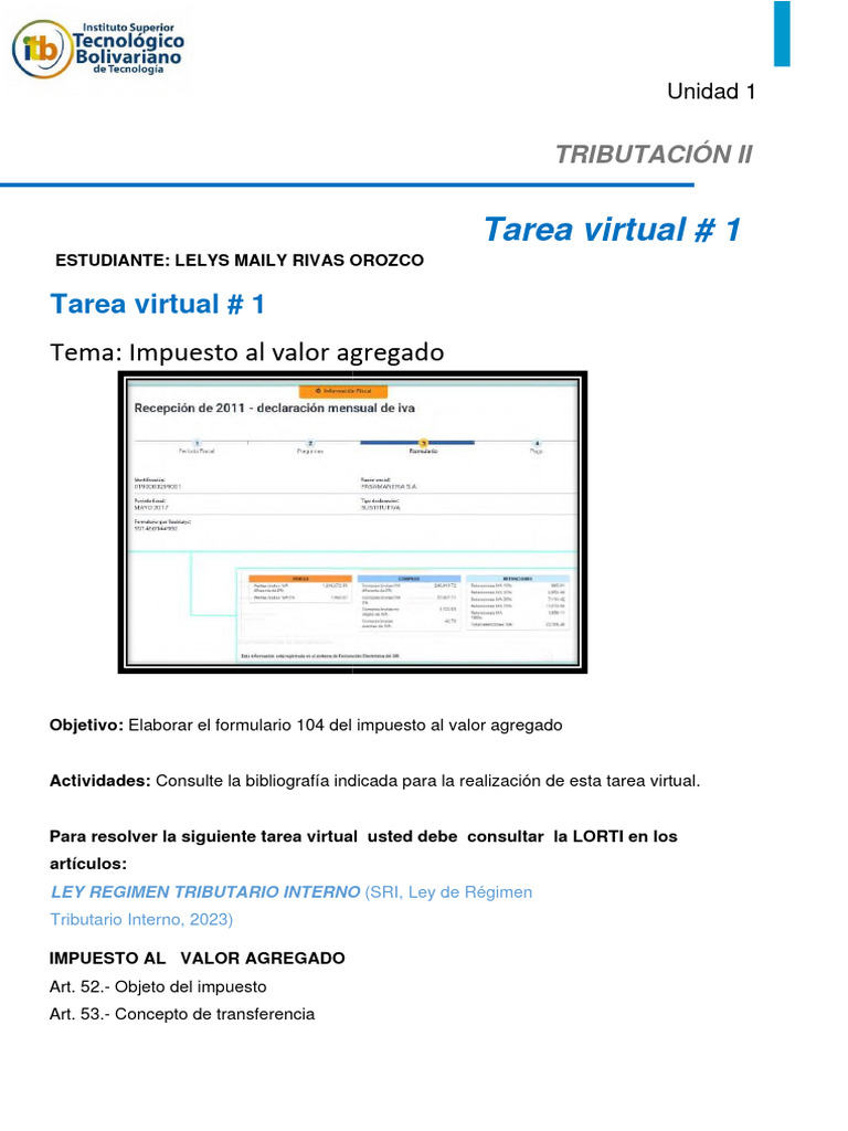 Tarea Virtual # 1 de Tributacion 2 Resuelta | PDF | Impuesto al valor ...