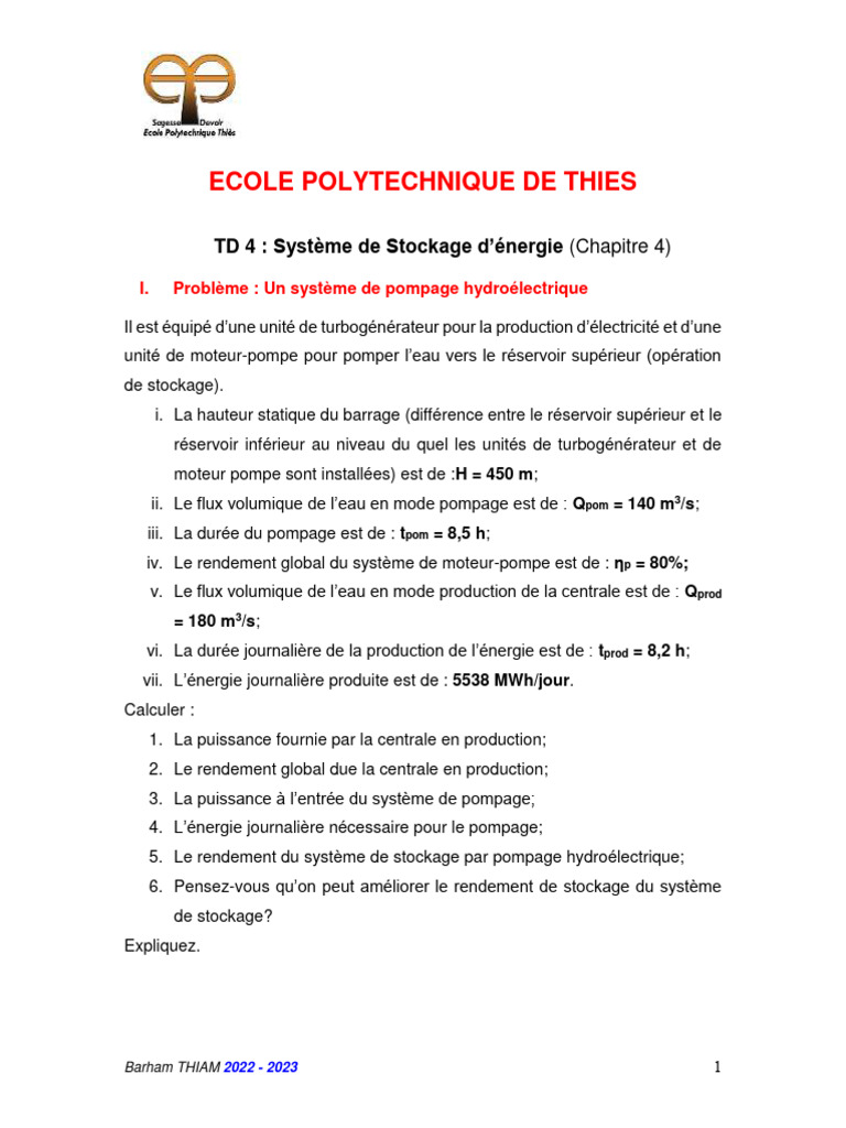 Systèmes de Stockage d'Énergie : Études et Calculs | PDF | Stockage de ...