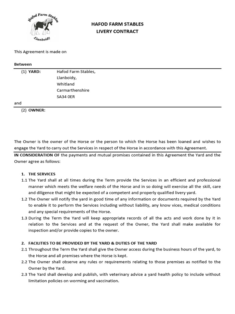 Hafod Livery Agreement | PDF | Horses | Veterinary Medicine