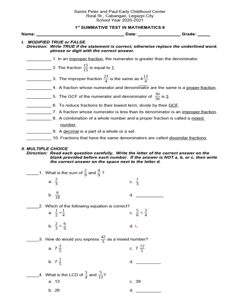1st Summative Test in Math 6 | PDF