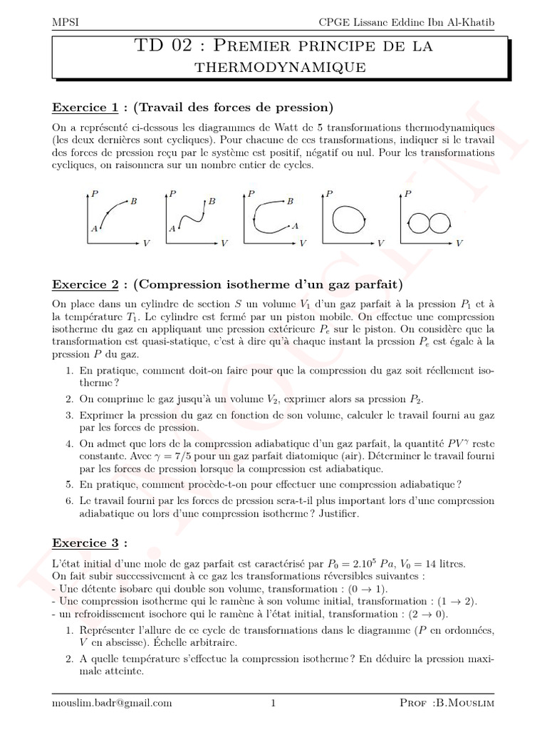TD 02 : Premier principe de thermodynamique | PDF | Pression | Capacité ...