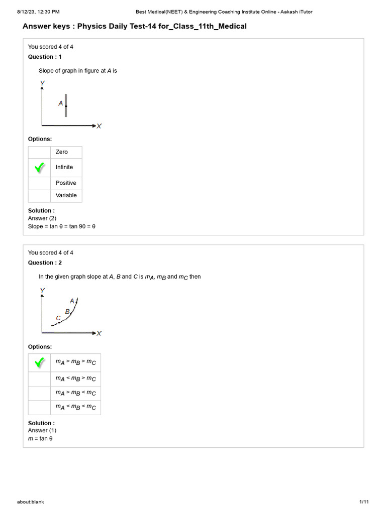 Answer keys physics daily test 14 for class 11th medical you